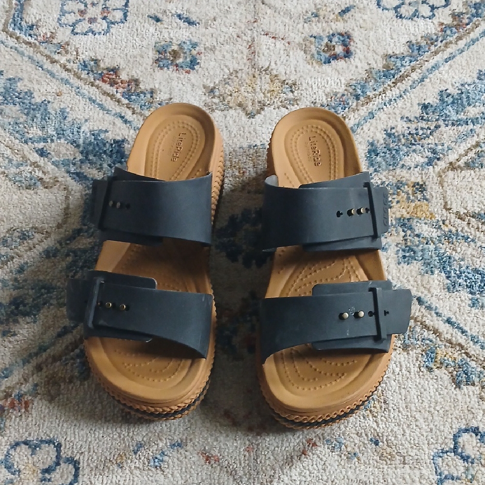 Black and Tan Crocs Slide Sandals